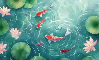 夏天荷花夏日荷塘背景水彩睡莲荷叶锦鲤鱼水彩立夏夏至大暑小暑卡通插画背景