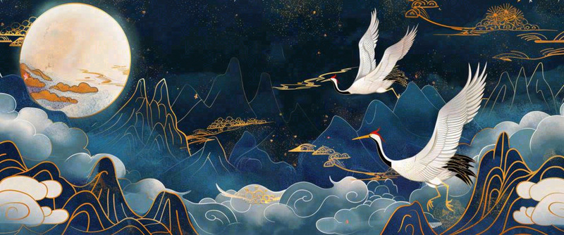 国潮山水中国风手绘祥云仙鹤插画古风唯美山水风景动物蓝金背景
