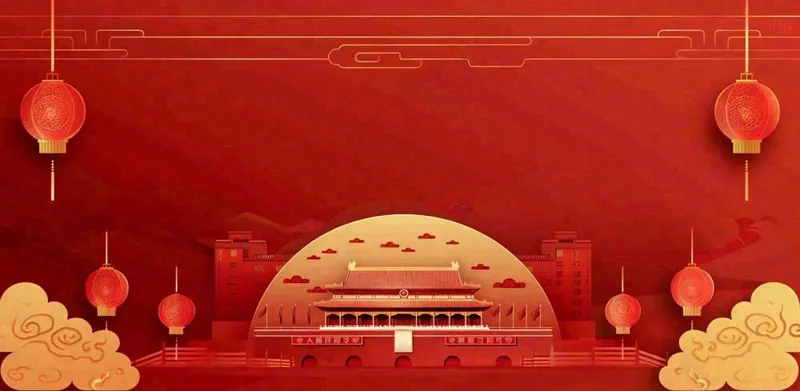 中国红祖国国庆*圆月国潮风插画背景(1568x768)