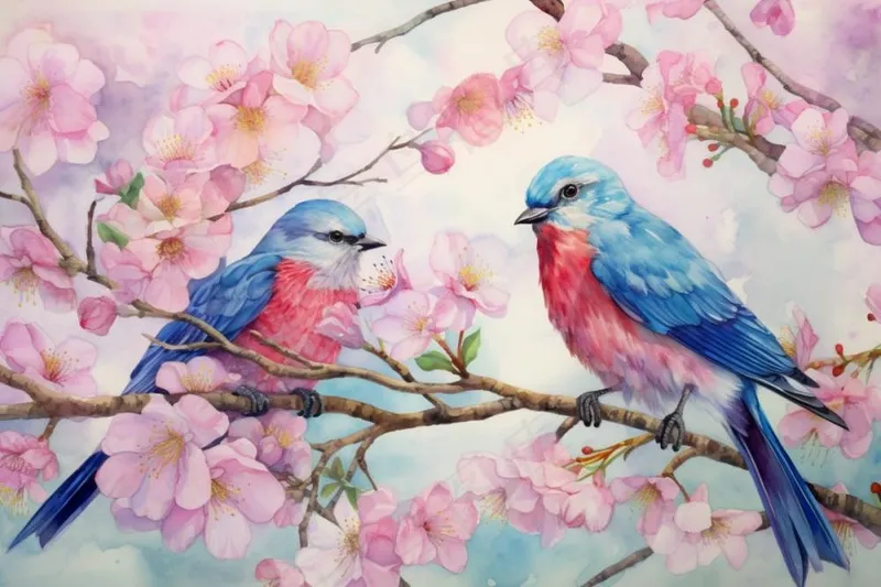 桃花樱花树枝上的蓝色小鸟插画背景(1200x800)