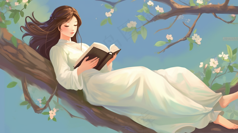 春天梨花树上读书的少女卡通插画背景(4368x2448)