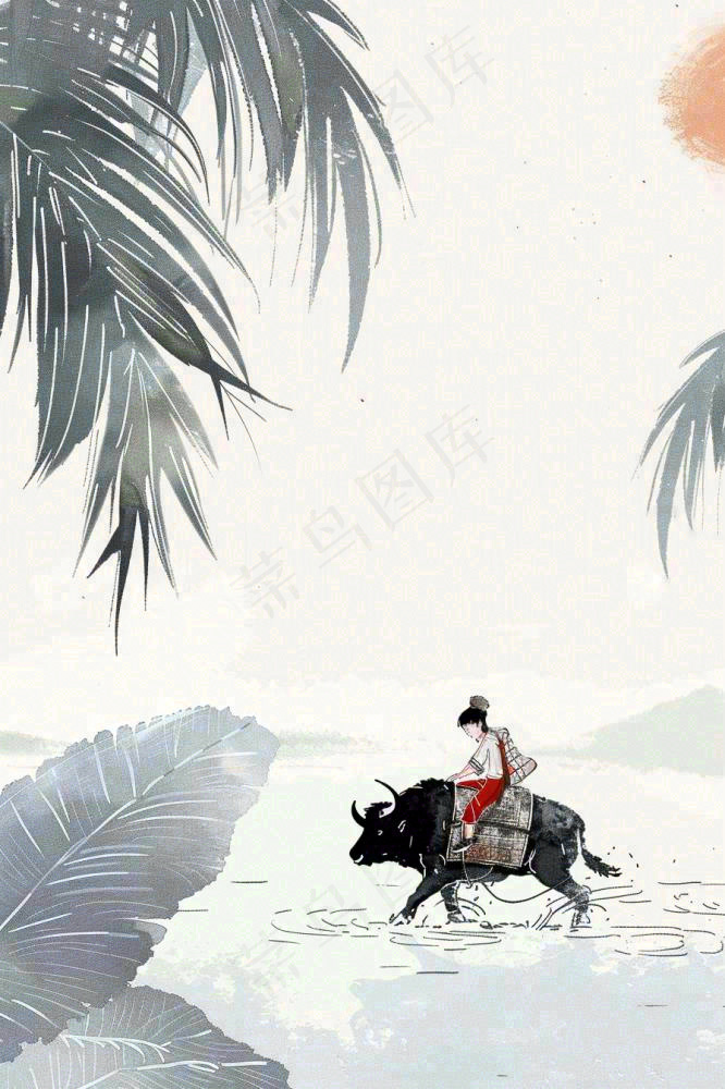 清明牧童人水墨画山水插画背景(896x1344)