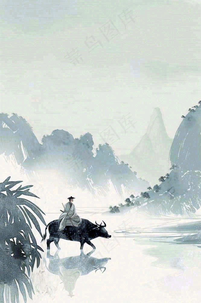 清明牧童人水墨画山水插画背景(896x1344)
