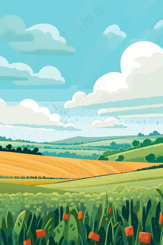 春天草坪花草盛开山野里绿色卡通插画背景