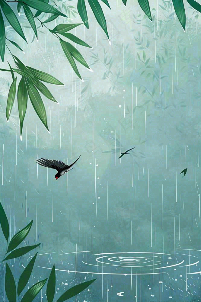 春天大雨磅礴绿叶植物燕子雨滴敲打水面雨水谷雨卡通插画背景(896x1344)