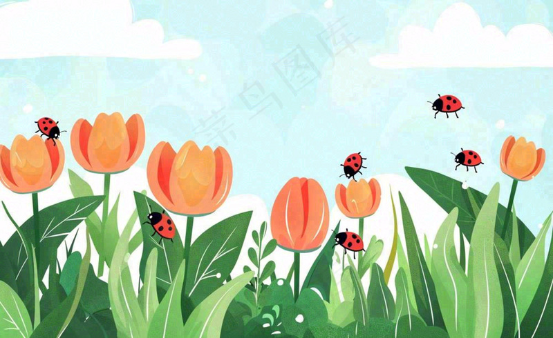 惊蛰雨水谷雨春天二十四节气卡通手绘插画瓢虫昆虫复苏绿色花草卡卡通插画背景(1408x864)