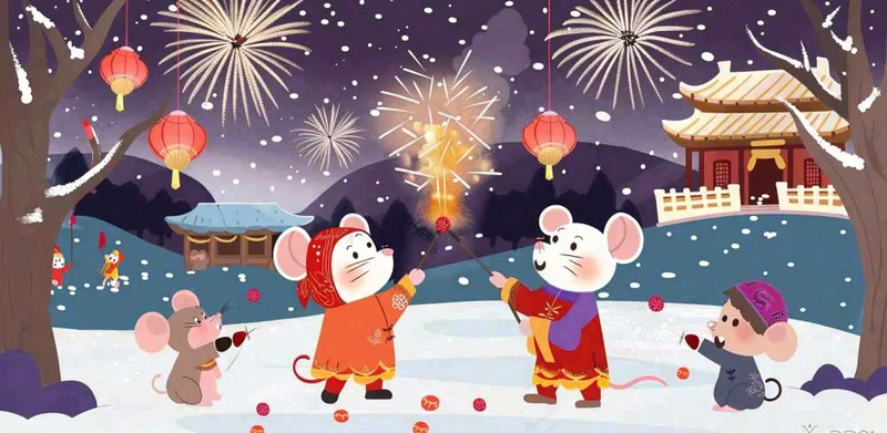 鼠年新年雪地放烟花的老鼠新年春节氛围热闹卡通插画背景(1568x768)