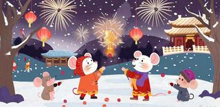 鼠年新年雪地放烟花的老鼠新年春节氛围热闹卡通插画背景