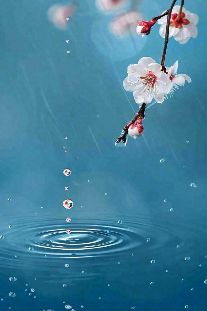 春天梅雨时节雨滴飘落在梅花滴落在水面上泛起涟漪雨水谷雨寒露摄影图(896x1344)