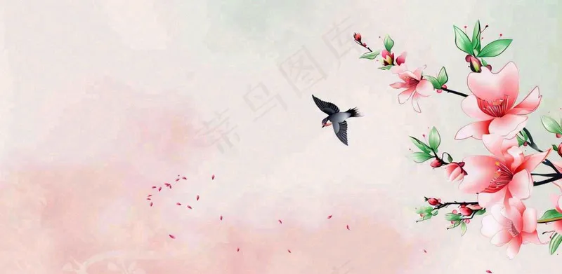 手绘中国风古风春天桃花燕子插画海报背景(1568x768)