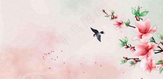 手绘中国风古风春天桃花燕子插画海报背景