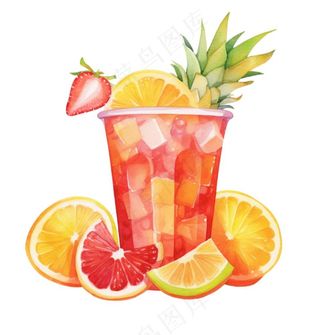 水果茶饮料草莓菠萝橙子柠檬水彩插画免抠