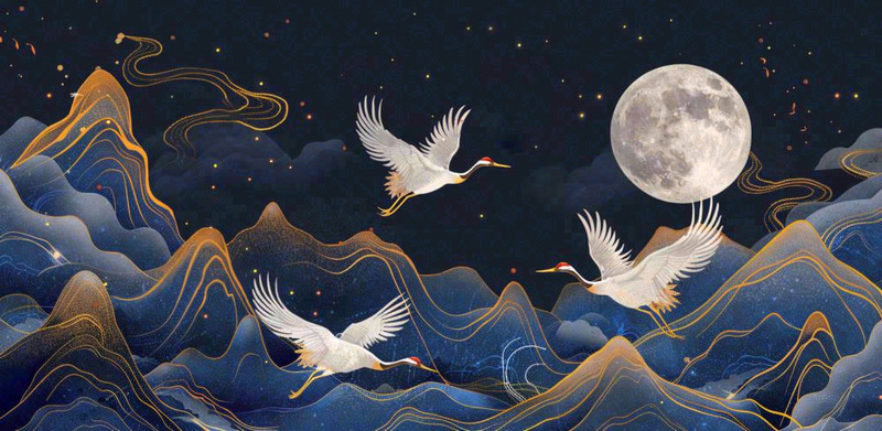 国潮山水中国风手绘祥云仙鹤插画古风唯美山水风景动物蓝金背景(1568x768)