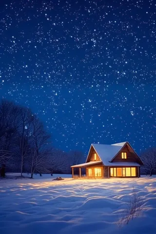 夜景雪屋蓝色背景