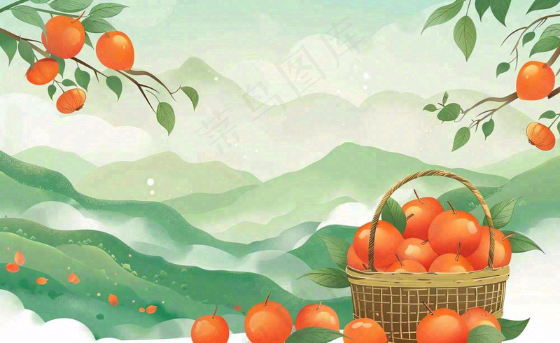 秋天丰收季果树成熟果篮橘子黄杏处暑立秋秋分卡通插画背景(1408x864)