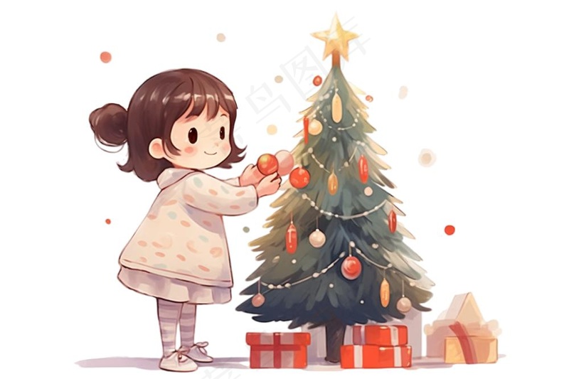 女孩装饰圣诞树可爱卡通插画免抠(1344x896)