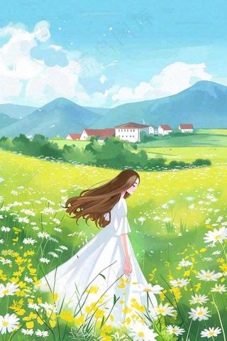春夏花海里的少女美丽唯美小清新春分立夏夏至青春卡通插画背景