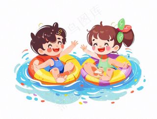 游泳游泳圈儿童水上乐园运动卡通插画免抠
