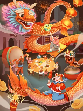 新年舞龙儿童画图片素材 (71)