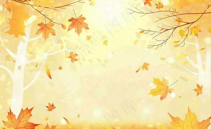 秋天红了的枫叶枫树落叶飘零立秋秋分黄色卡通插画背景(1408x864)