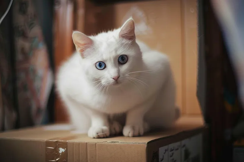 a white cat sitting on top of a cardboard box, a pastel by Maksimilijan Vanka, trending on reddit, arabesque, white cat, small blue eyes, with cute doting eyes (4032x2688)