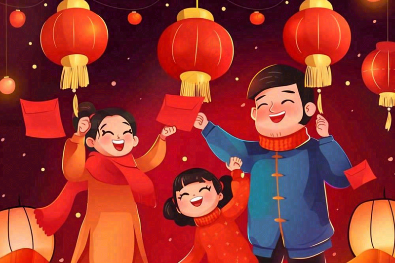新年春节一家人出游红灯笼红包除夕元宵红色卡通插画背景