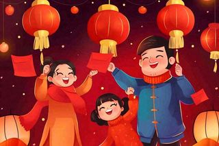 新年春节一家人出游红灯笼红包除夕元宵红色卡通插画背景