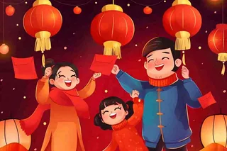 新年春节一家人出游红灯笼红包除夕元宵红色卡通插画背景