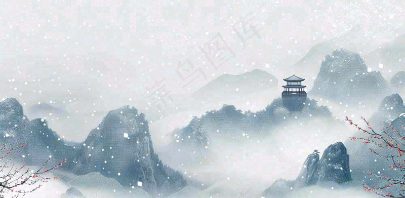 大寒冬天中国风水墨插画小寒冬季唯美雪景梅花插画背景(1568x768)