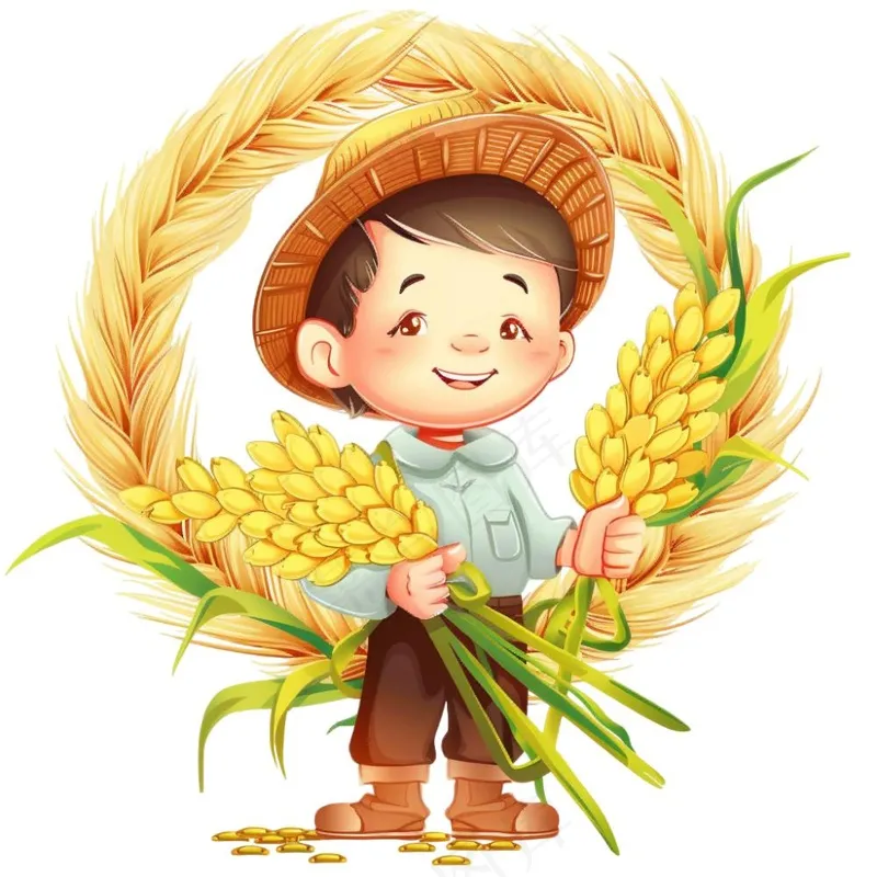 农民抱着稻穗麦穗粮食劳动卡通插画免抠(1024x1024)