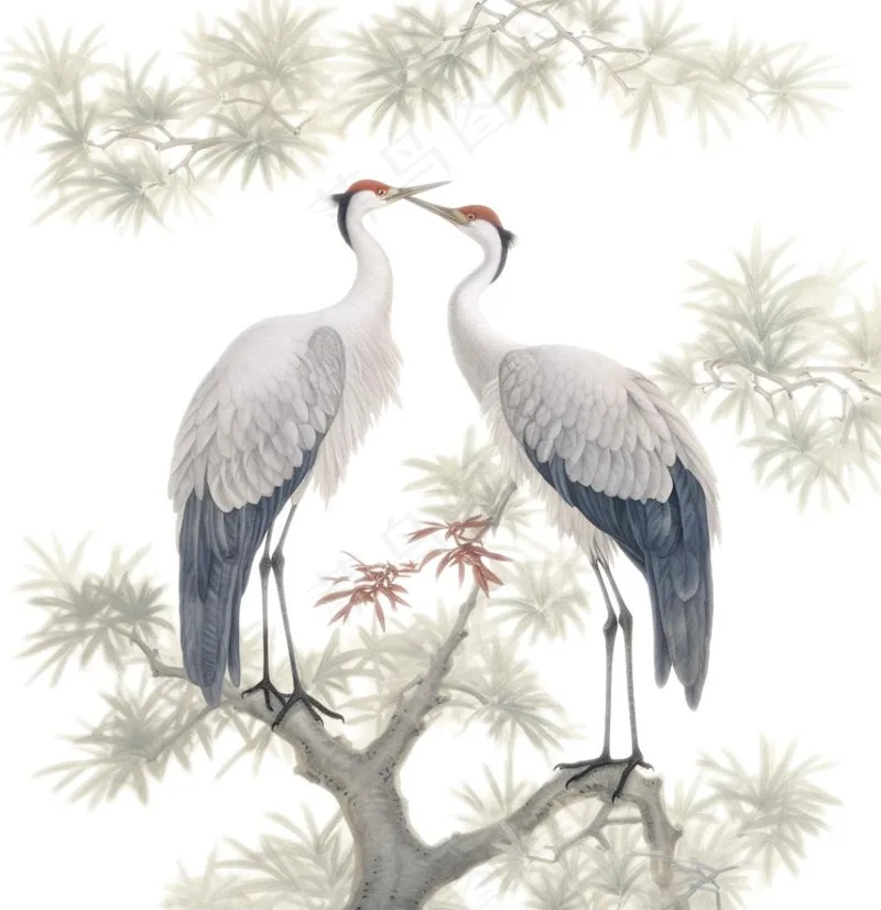 一对仙鹤站在松树上古风插画免抠(1024x1056)