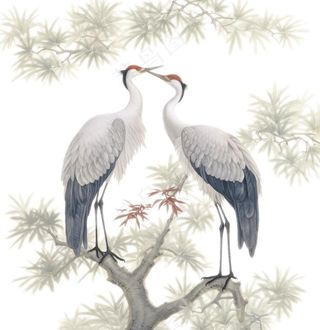 一对仙鹤站在松树上古风插画免抠