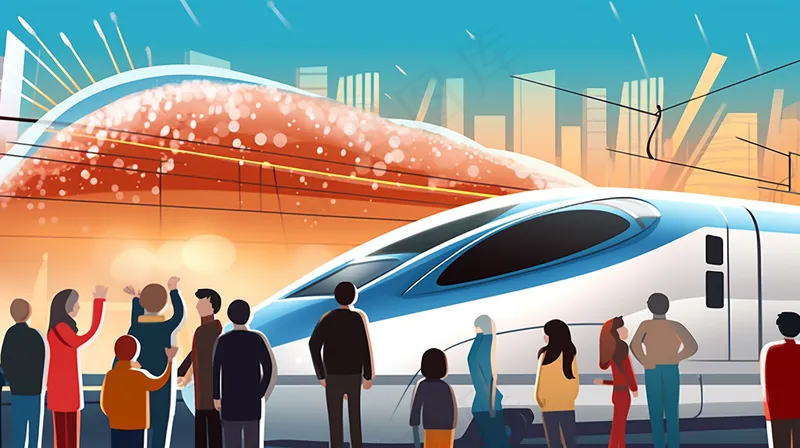 中国传统节日春节除夕春运赶火车回家团聚的人物插画海报背景(4368x2448)