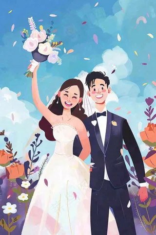 婚礼典礼的夫妻恋人唯美浪漫温馨七夕情人节卡通插画背景