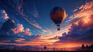 飘着的绚丽云彩以及缓缓升空的热气球