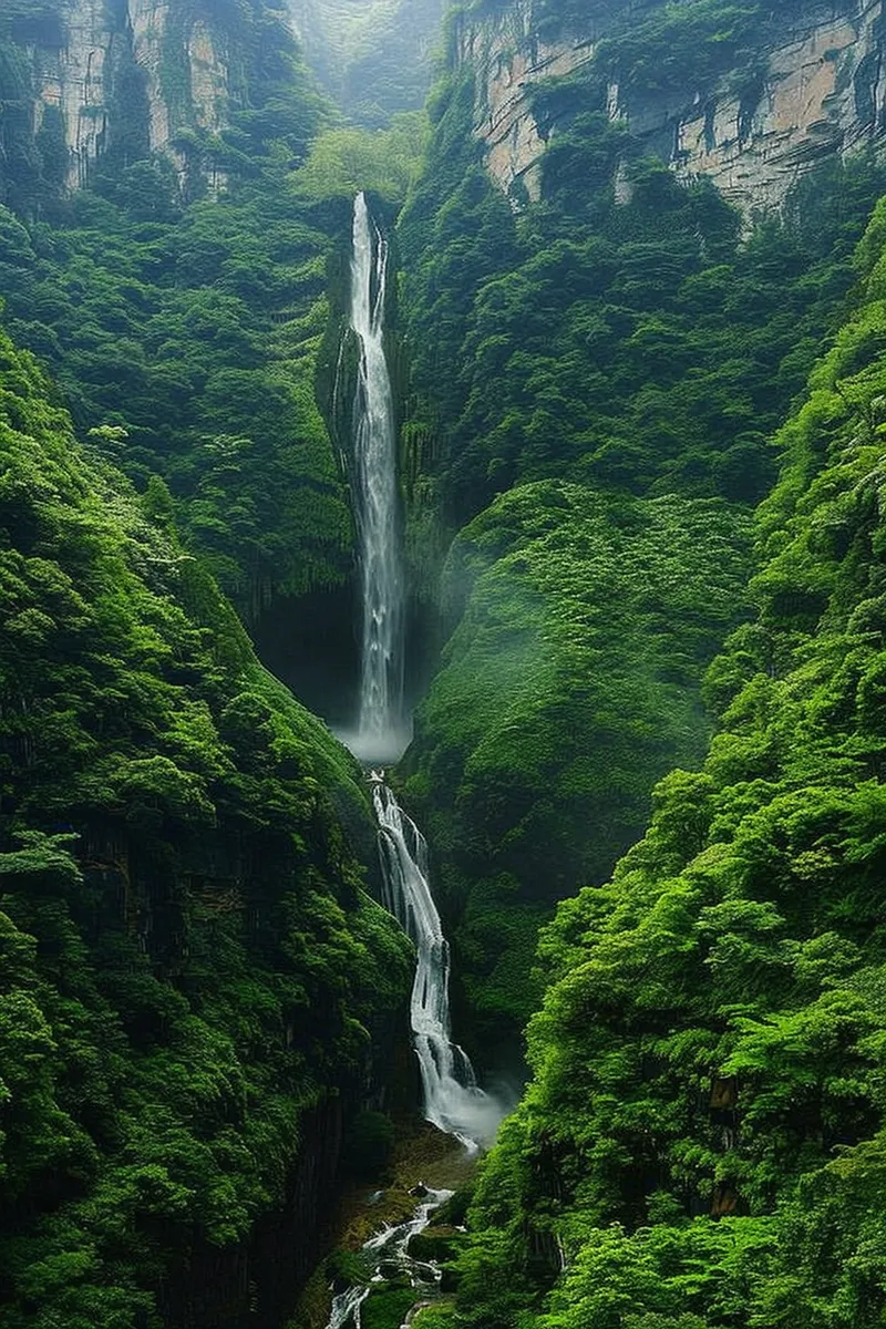 森林山谷的瀑布摄影图(2688x4032)
