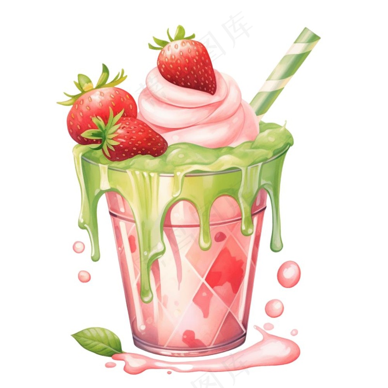 草莓抹茶奶茶冰淇淋奶茶美味夏日卡通插画免抠(1024x1024)