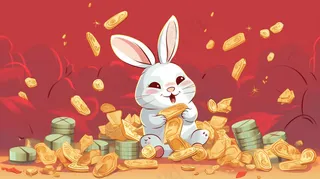 新春金币金子堆里的白兔生肖卡通插画背景