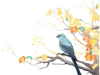 站在树上的鸟黄花卡通插画免抠