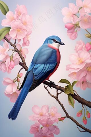 桃花樱花树枝上的蓝色小鸟插画背景