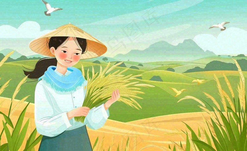 世界粮食日芒种秋收稻田麦子农民天空小满创意手绘卡通插画背景(1408x864)