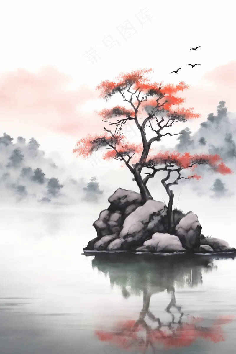 国风山水画河流花草国画水墨画素材背景(2688x4032)