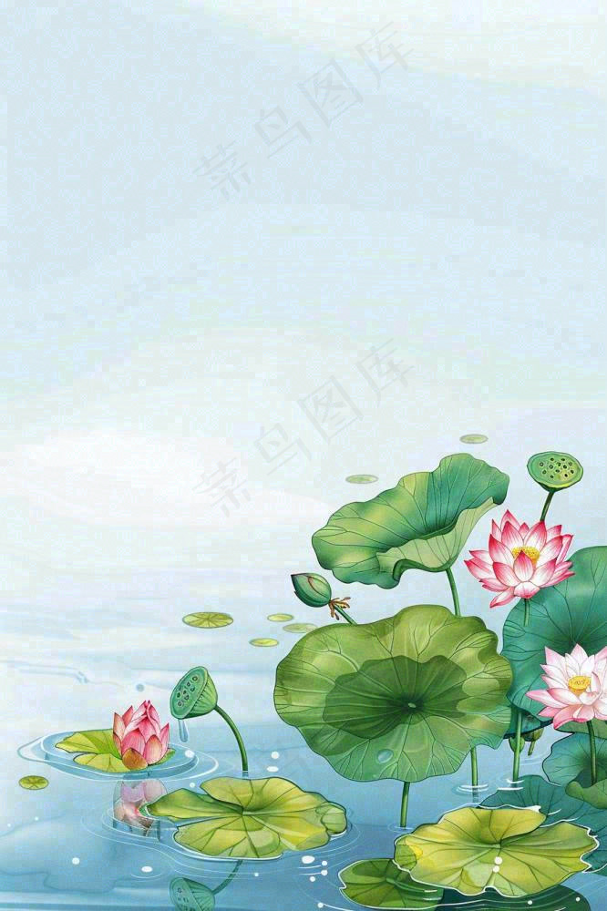 夏日池塘里的荷花荷叶插画清新淡雅立夏小暑大暑处暑卡通插画背景(896x1344)