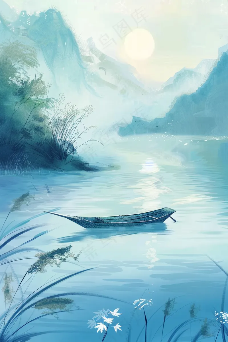 水墨山水画船帆芦苇荡青山插画背景(2688x4032)