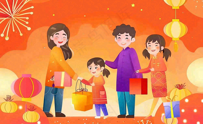 新年春节回家过年团聚送礼物热闹喜庆欢庆卡通插画背景