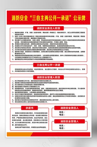 红色消防安全“三自主两公开一承诺”公示牌展板海报
