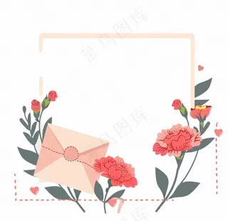 康乃馨鲜花粉色信封边框插画免抠