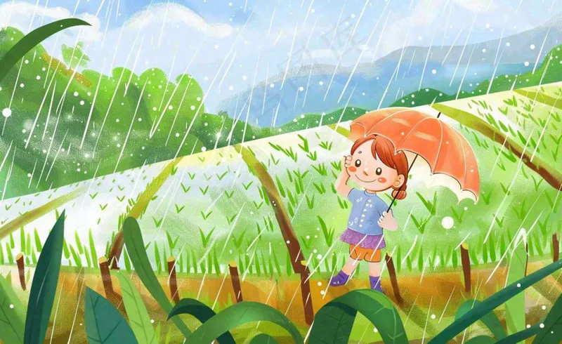 卡通女孩人物打雨伞春游踏青节气雨水谷雨春天春分绿色卡通插画背景(1408x864)