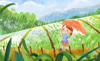 卡通女孩人物打雨伞春游踏青节气雨水谷雨春天春分绿色卡通插画背景
