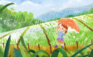 卡通女孩人物打雨伞春游踏青节气雨水谷雨春天春分绿色卡通插画背景
